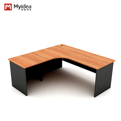 Bureau de direction moderne incurvé en forme de L avec rangement en armoire, bureau d'ordinateur unique en MFC style bois