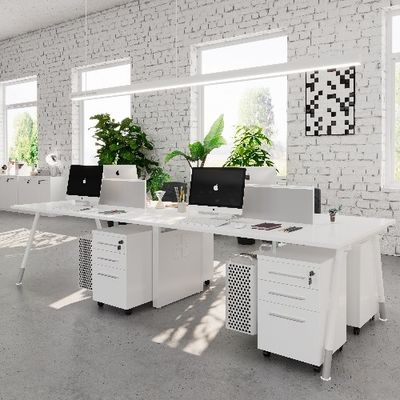 acheter Bureau blanc pour quatre personnes avec écran séparateur, armoire de rangement et rack mécanique online manufacture