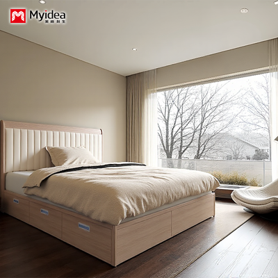 Modern Mnimalist Multfunctional Bed with Drawer Cabinet, Cream Wind Leather Art Bed, Small-sized Three Drawer Double Bed
